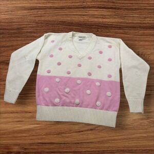 Vintage Quantum! Polka Dot Sweater‎ V-Neck Pullover Knitwear Pink White Large